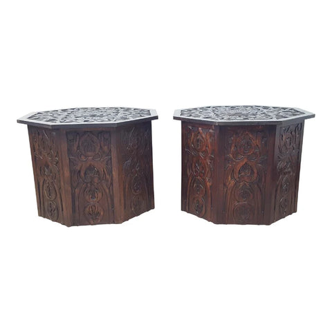 Pier One Octagonal Hand Carved Wooden End Tables