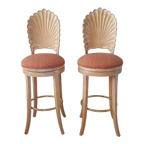Pair of Italian Scallop Shell Carved Wood Back Bar stools