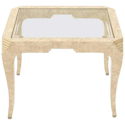 Tessellated Stone Brass Inlay Rectangular Side Table Glass Top Maitland Smith