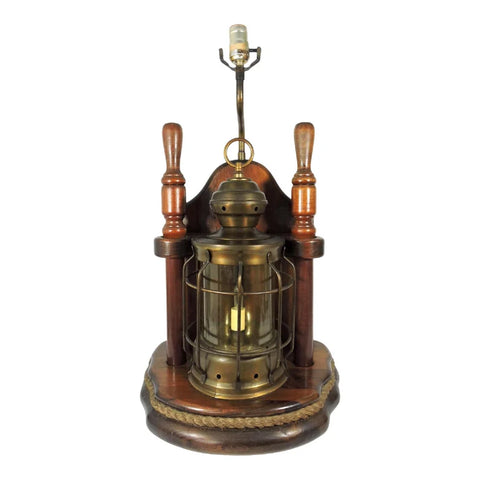 Mid 20th Century Nautical Ships Lantern Brass & Mahogany Table Lamp Steampunk Ship Caged Lantern Tabletop