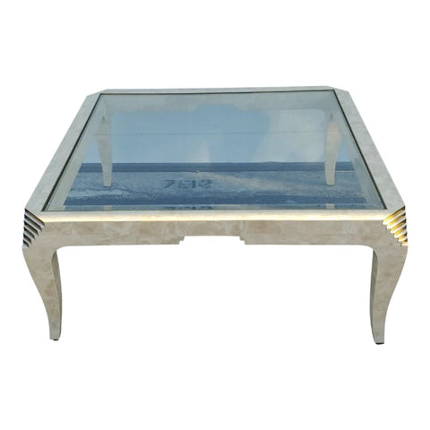 Tessellated Stone Brass Inlay Square coffee Table Glass Top Maitland Smith