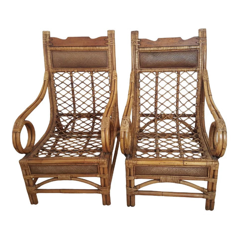 Super Rare Boho Chic Wood bamboo and rattan scoop lounge chairs