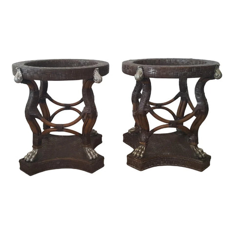 Pair of Burnt Bamboo Rattan Claw Feet Dining Table Pedestals Side Tables