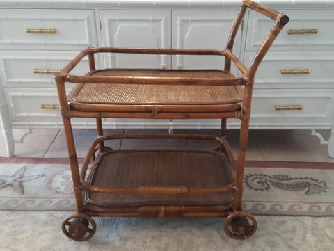 Vintage Bamboo Rattan and Wooden bar cart trolley 2 tier