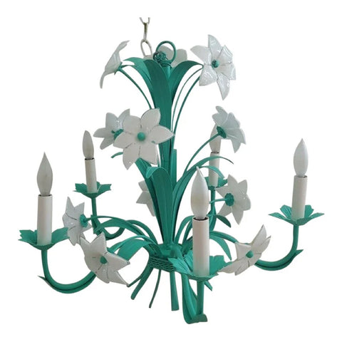 Italian Murano Mid-Century Metal Green Floral Chandelier 6 arms
