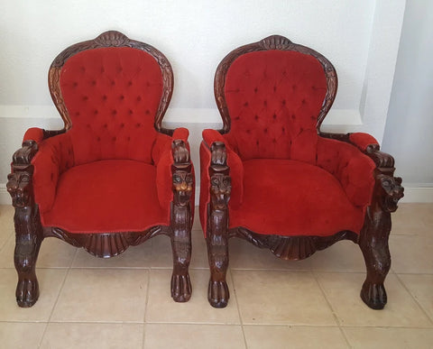 Mahogany 2 Pcs Panther Head Clawfoot R.J. HORNE Style Armchairs Red Velvet