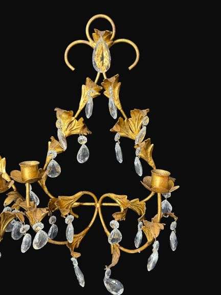 Vintage Florentine Candle Sconce Gold Gilt Leaf crystal teardrops a pair