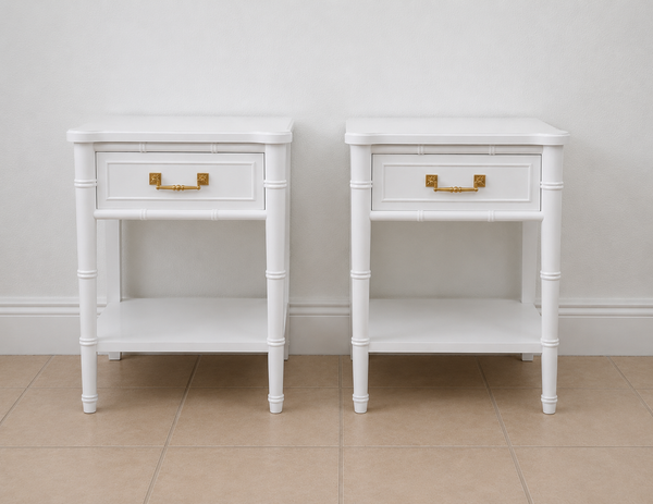 Henry Link Faux bamboo vintage pair of nightstands Hollywood Regency Bali Hai White