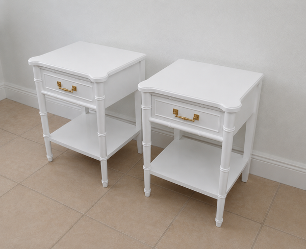 Henry Link Faux bamboo vintage pair of nightstands Hollywood Regency Bali Hai White