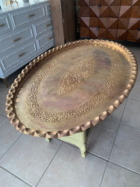 Mid Century Moroccan Oval Brass Tea Tray Table top 46"