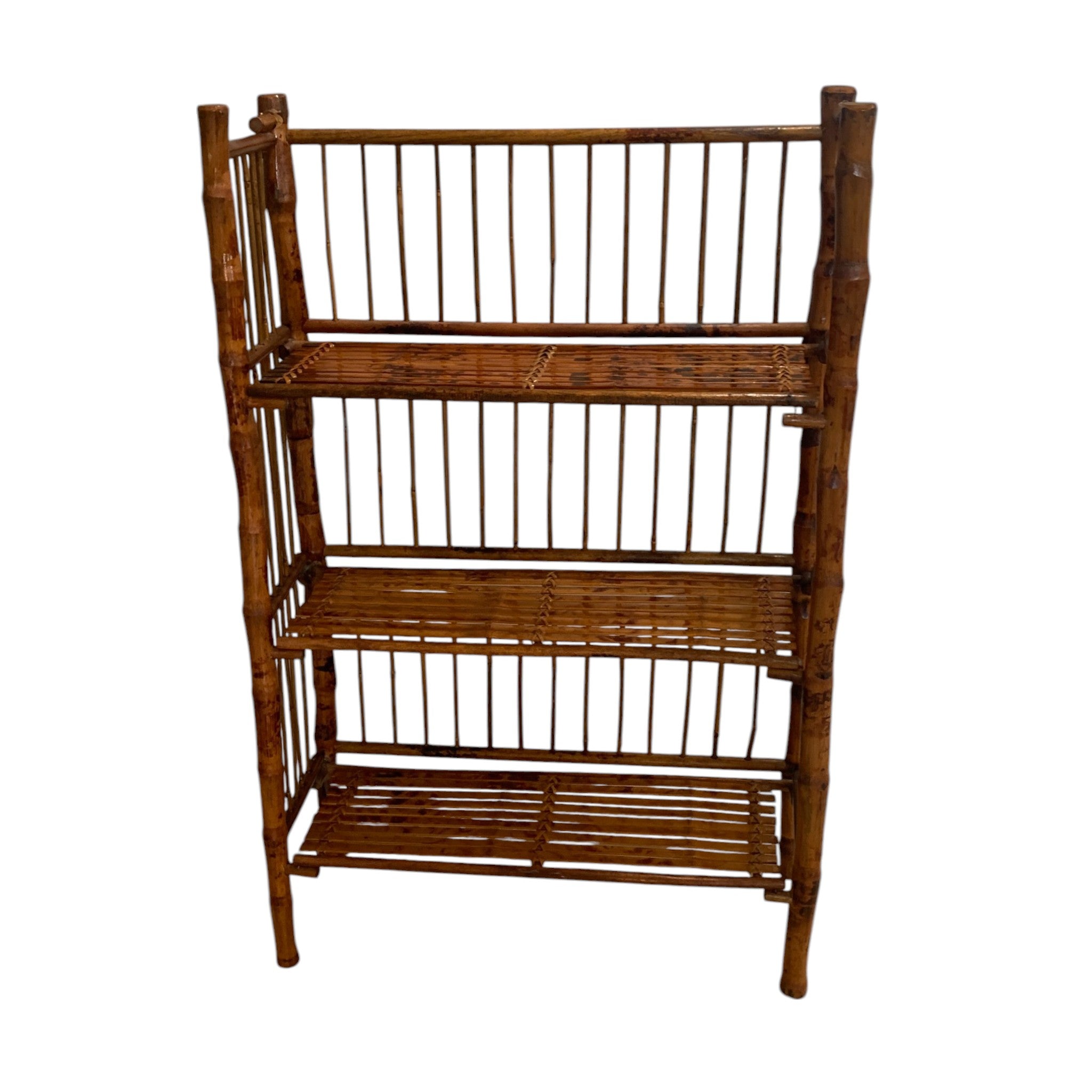 Vintage Tiger Burnt Bamboo Folding 3 Tier bookshelf split bamboo etagere