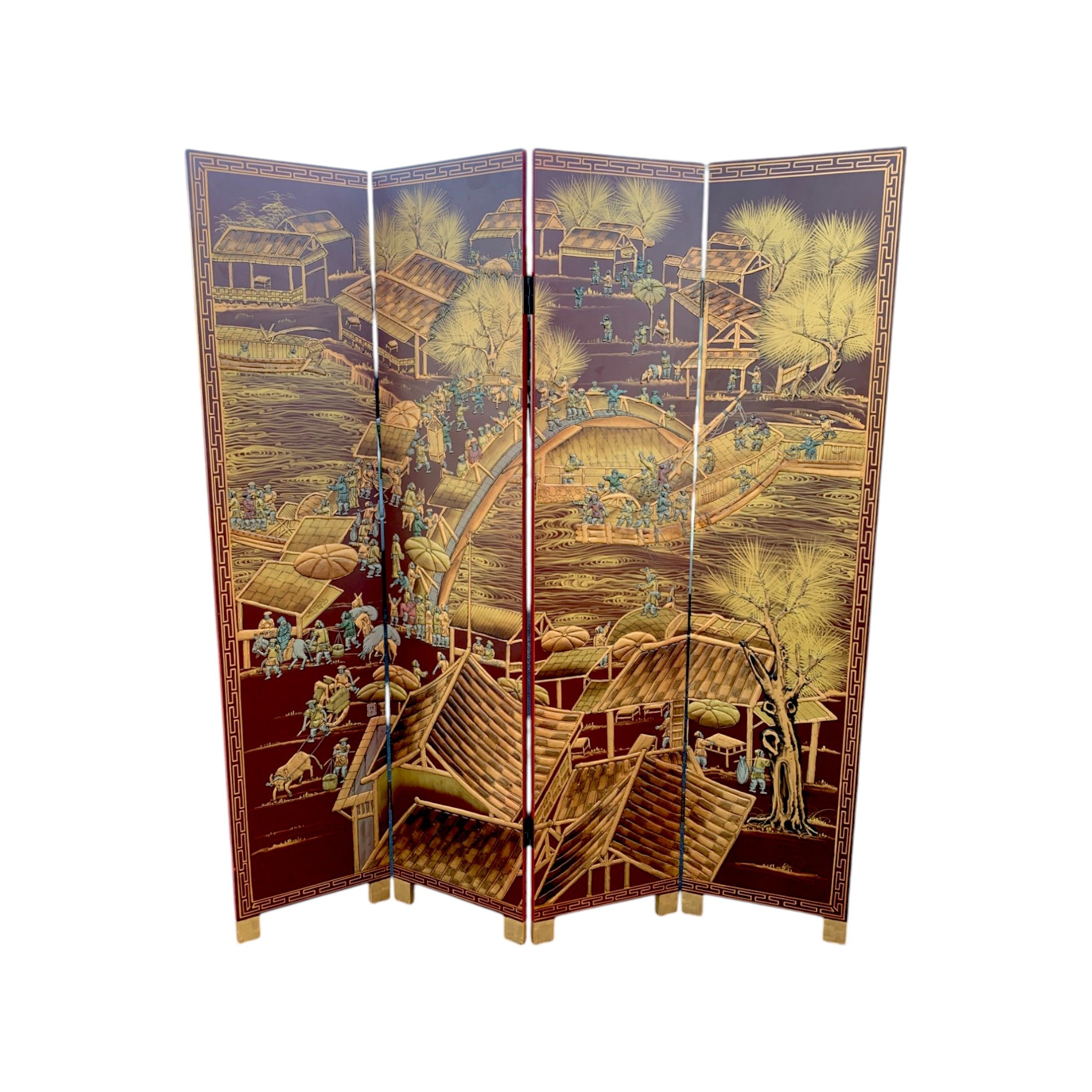 Ancient Chinese City Life Red Lacquered Room Divider Screen