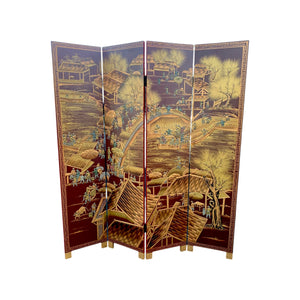 Ancient Chinese City Life Red Lacquered Room Divider Screen