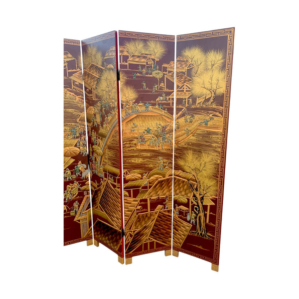 Ancient Chinese City Life Red Lacquered Room Divider Screen