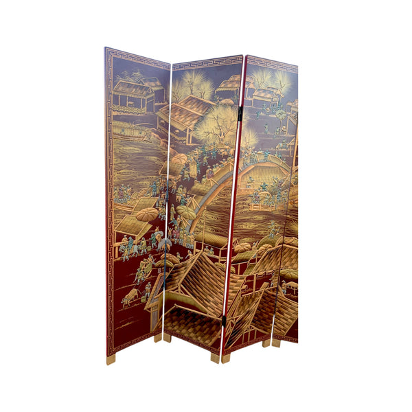 Ancient Chinese City Life Red Lacquered Room Divider Screen
