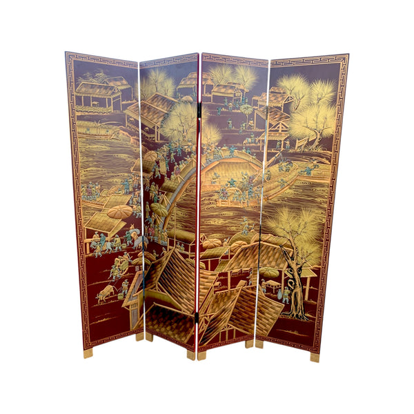 Ancient Chinese City Life Red Lacquered Room Divider Screen