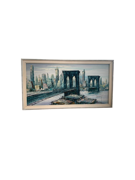 Vintage MCM Brooklyn Bridge Picture by Duchamp Oil on Canvas Painting 52"