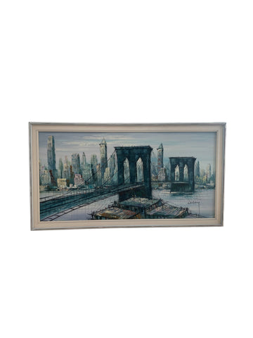 Vintage MCM Brooklyn Bridge Picture by Duchamp Oil on Canvas Painting 52"