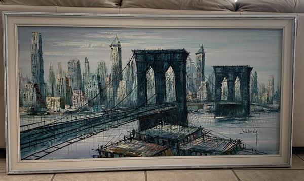 Vintage MCM Brooklyn Bridge Picture by Duchamp Oil on Canvas Painting 52"