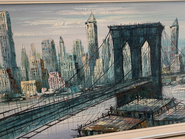 Vintage MCM Brooklyn Bridge Picture by Duchamp Oil on Canvas Painting 52"