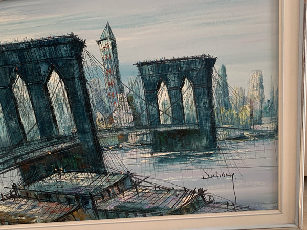 Vintage MCM Brooklyn Bridge Picture by Duchamp Oil on Canvas Painting 52"