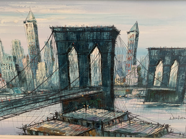 Vintage MCM Brooklyn Bridge Picture by Duchamp Oil on Canvas Painting 52"