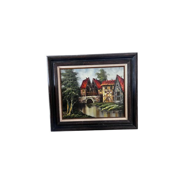 Vintage Oil Painting On Canvas Bridge Italian Country Scene Signed Landscape
