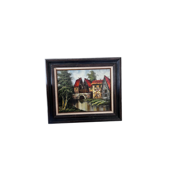 Vintage Oil Painting On Canvas Bridge Italian Country Scene Signed Landscape