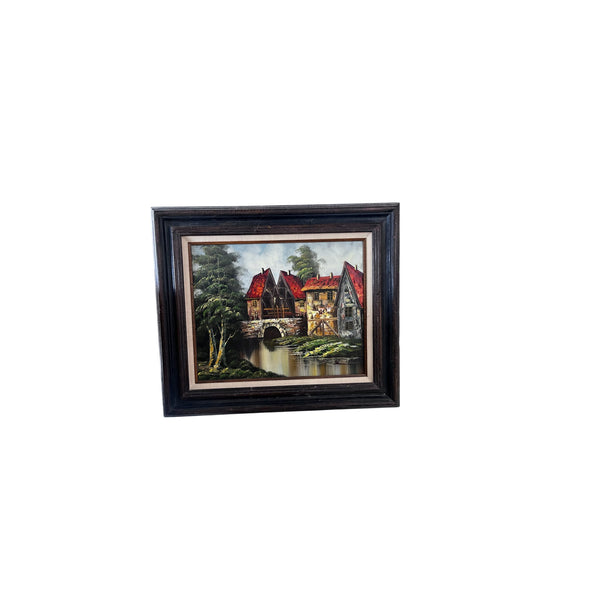 Vintage Oil Painting On Canvas Bridge Italian Country Scene Signed Landscape