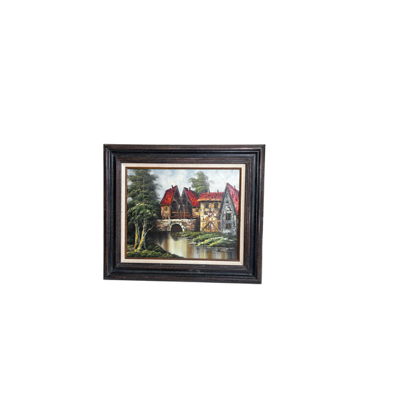 Vintage Oil Painting On Canvas Bridge Italian Country Scene Signed Landscape