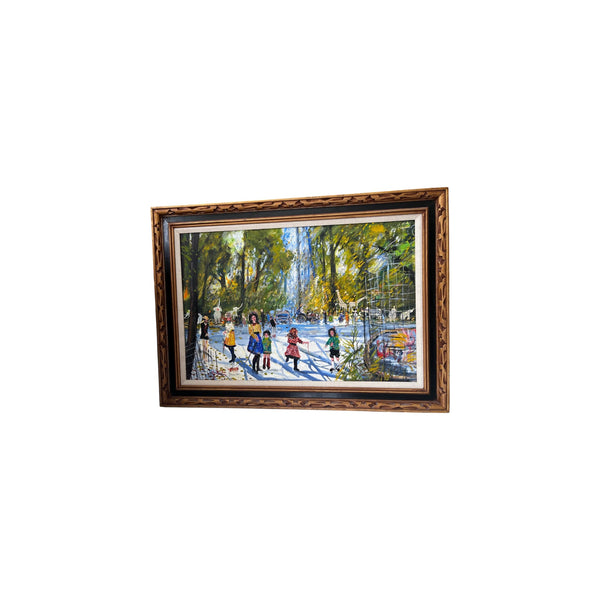 Large Framed Mid-Century Style Park Scene Oil Painting on Canvas