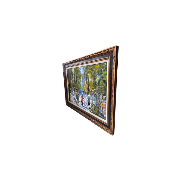 Large Framed Mid-Century Style Park Scene Oil Painting on Canvas