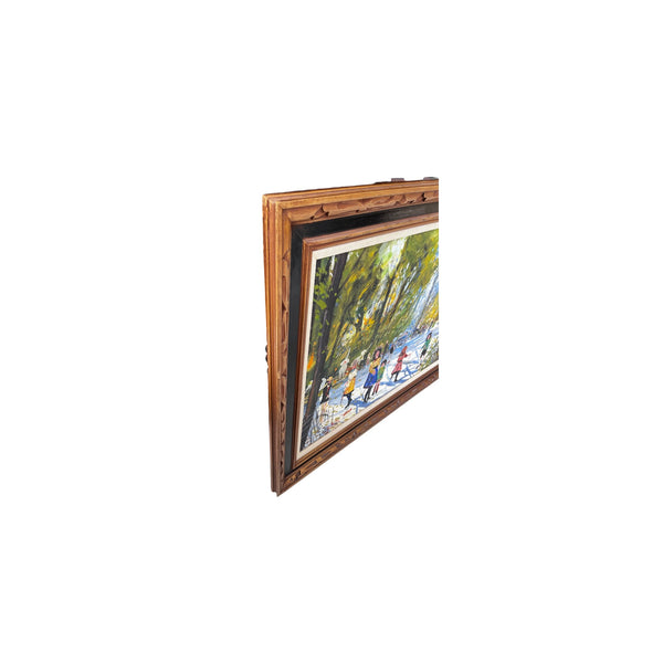 Large Framed Mid-Century Style Park Scene Oil Painting on Canvas