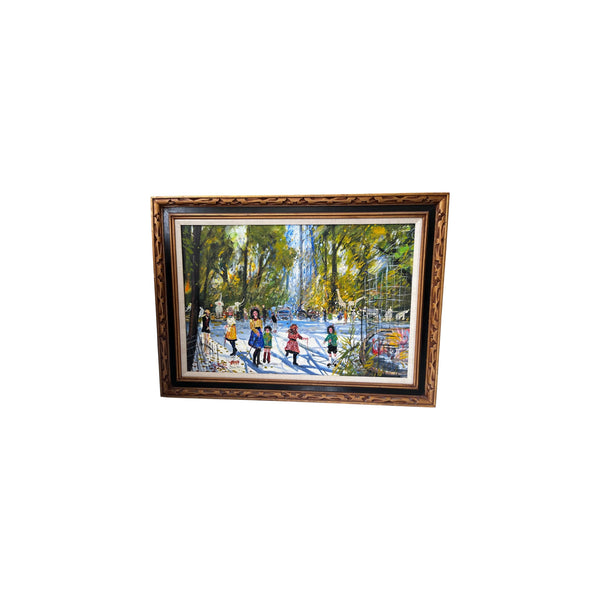 Large Framed Mid-Century Style Park Scene Oil Painting on Canvas
