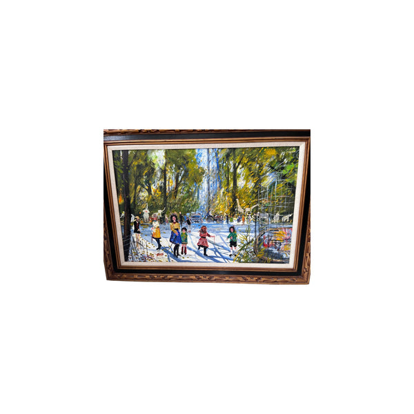 Large Framed Mid-Century Style Park Scene Oil Painting on Canvas