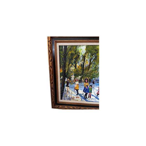 Large Framed Mid-Century Style Park Scene Oil Painting on Canvas