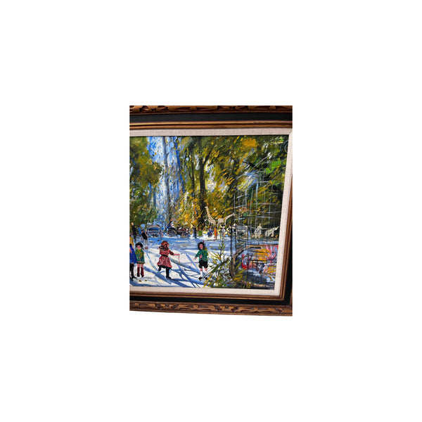 Large Framed Mid-Century Style Park Scene Oil Painting on Canvas