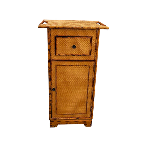 Vintage Burnt bamboo tortoise shell cabinet with tray handles