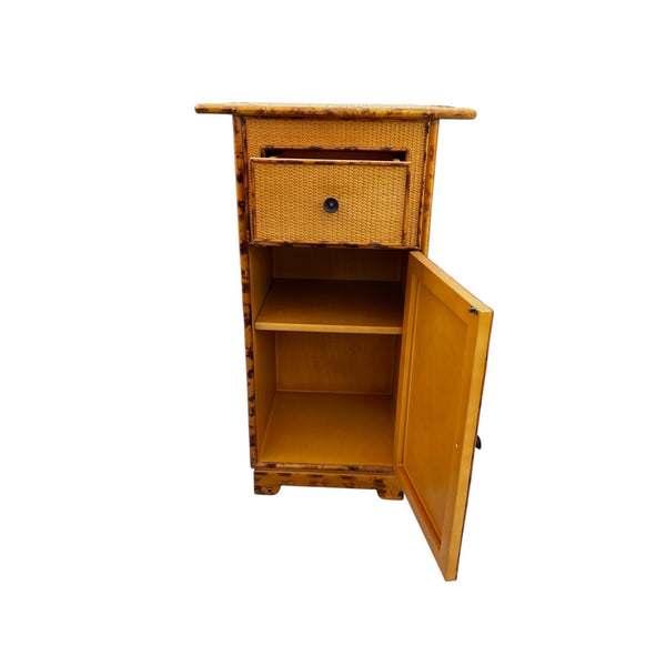Vintage Burnt bamboo tortoise shell cabinet with tray handles