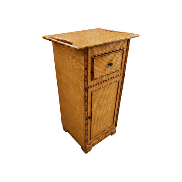 Vintage Burnt bamboo tortoise shell cabinet with tray handles