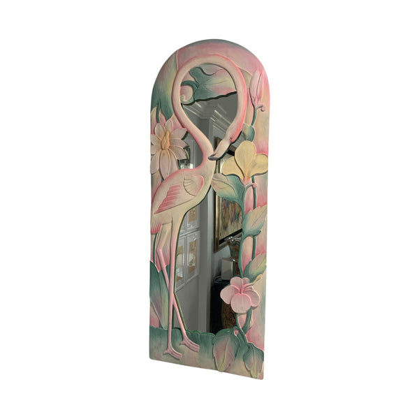 Hand Carved Wood Wall Mirror Flamingo and flowers cottage coastal