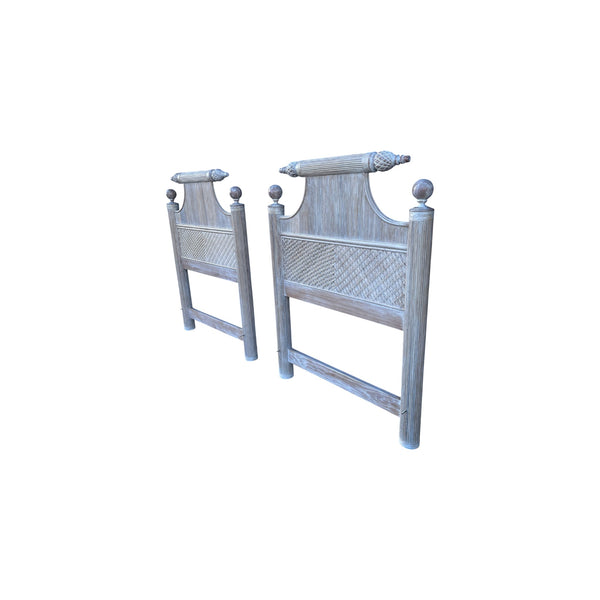 Pair of Pencil Reed bamboo pagoda twin Headboards White Washed.