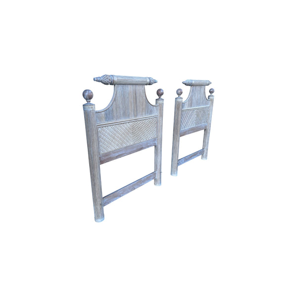 Pair of Pencil Reed bamboo pagoda twin Headboards White Washed.