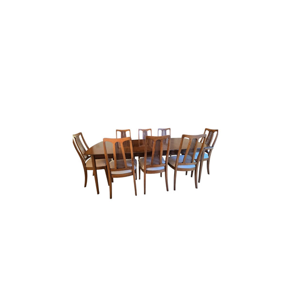 The Halle Bros Mid Century Modern Walnut Cane Back Dining Room Set 8 chairs