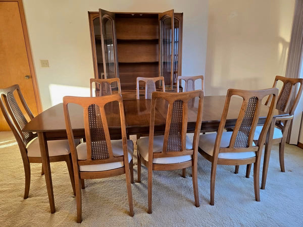 The Halle Bros Mid Century Modern Walnut Cane Back Dining Room Set 8 chairs