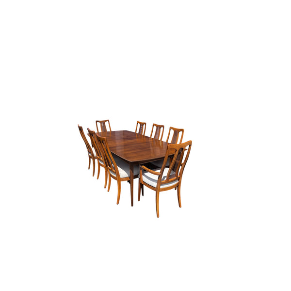 The Halle Bros Mid Century Modern Walnut Cane Back Dining Room Set 8 chairs