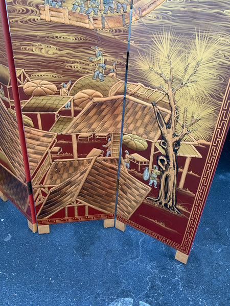 Ancient Chinese City Life Red Lacquered Room Divider Screen