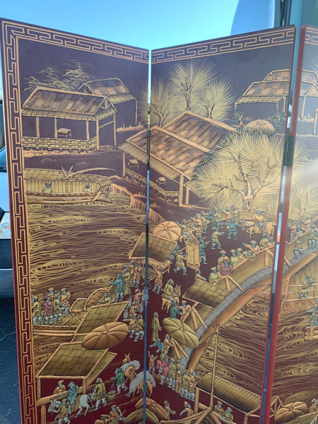 Ancient Chinese City Life Red Lacquered Room Divider Screen