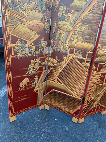 Ancient Chinese City Life Red Lacquered Room Divider Screen