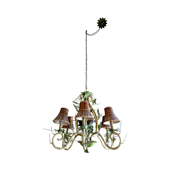 Vintage Italian Faux Bamboo Tole Chandelier with Parrots